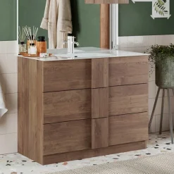 Mobile bagno a terra 100cm con lavabo 3 cassetti rovere scuro Alvarez