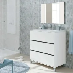 Mobile bagno a terra 82cm con lavabo e specchio 3 cassetti bianco opaco Shutter