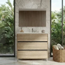 Mobile bagno a terra 82cm con lavabo e specchio 3 cassetti rovere Shutter