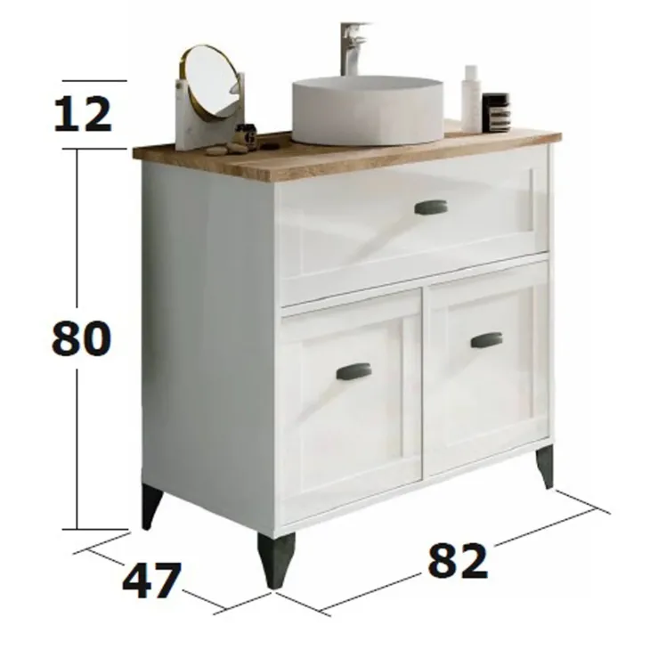 Mobile bagno a terra 82cm con lavabo e colonna shabby bianco rovere Ilias