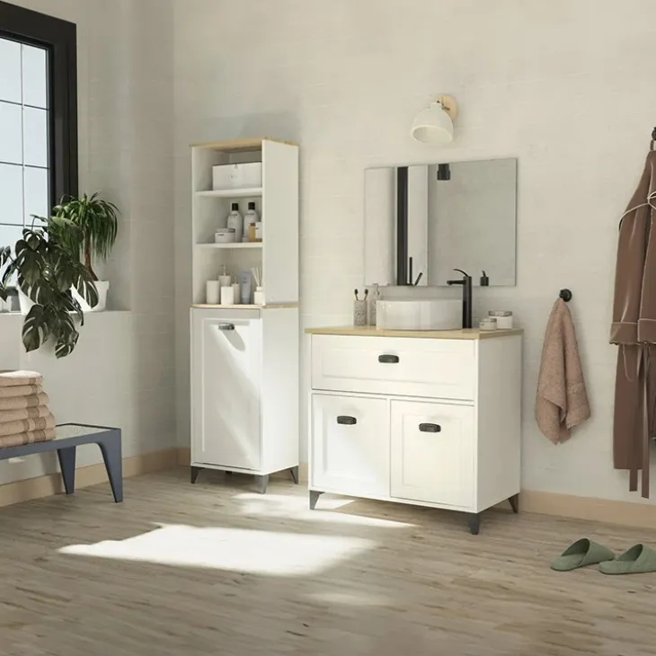 Mobile bagno a terra 82cm con lavabo e colonna shabby bianco rovere Ilias