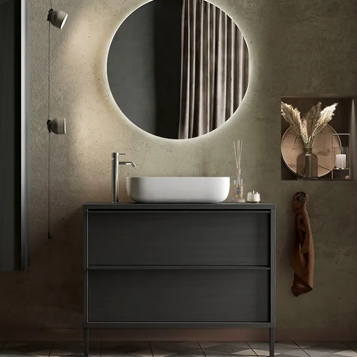 Mobile bagno a terra 92cm con lavabo e specchio nero frassinato Absolut