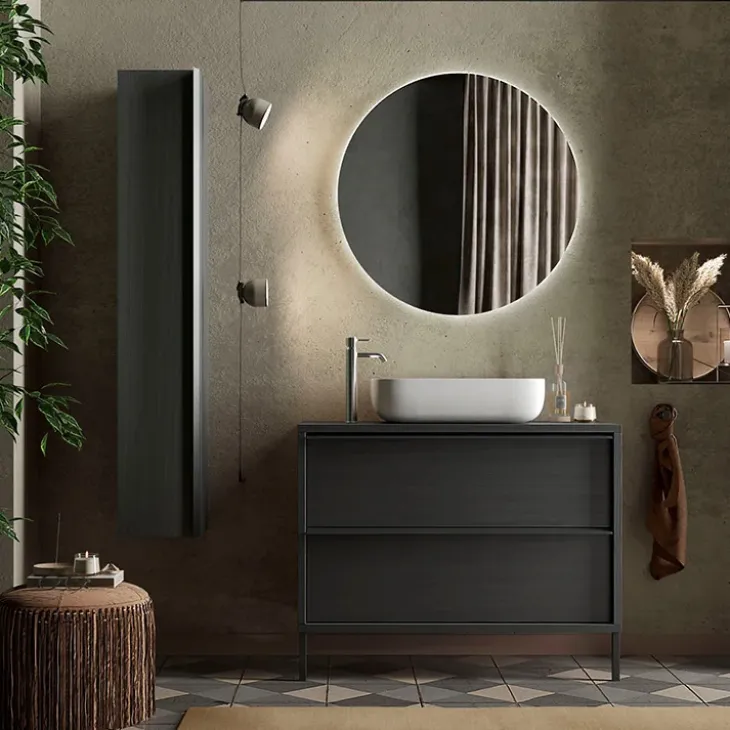 Mobile bagno a terra 92cm con lavabo e specchio nero frassinato Absolut