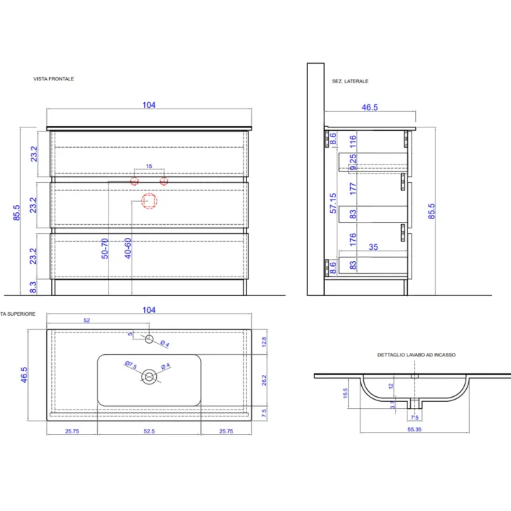 Mobile bagno a terra 100cm con lavabo 3 cassetti bianco lucido Moon