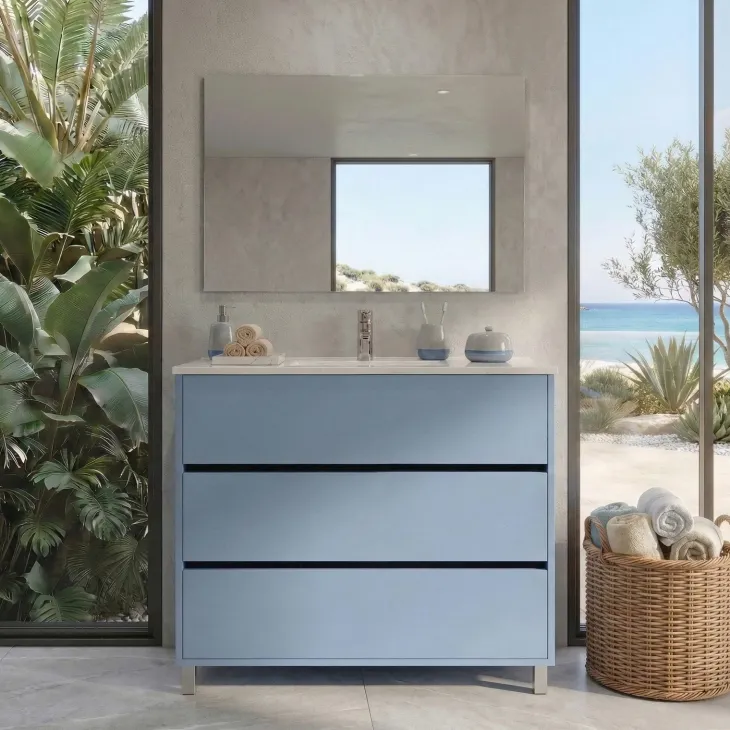 Mobile bagno a terra 82cm con lavabo e specchio 3 cassetti blu chiaro Shutter