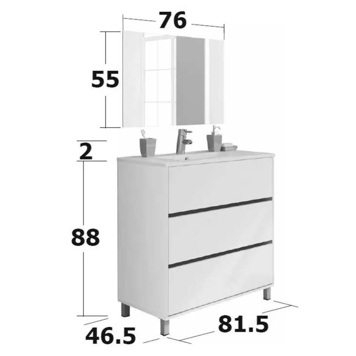 Mobile bagno a terra 82cm con lavabo e specchio 3 cassetti blu chiaro Shutter