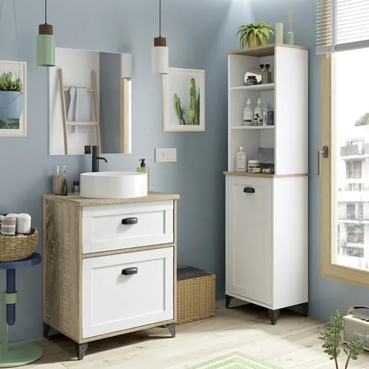 Mobile bagno a terra 61cm con lavabo 1 cassetto 1 anta rovere bianco Ilias