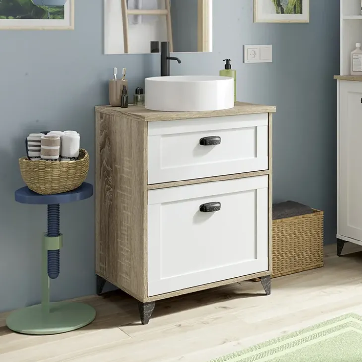 Mobile bagno a terra 61cm con lavabo 1 cassetto 1 anta rovere bianco Ilias