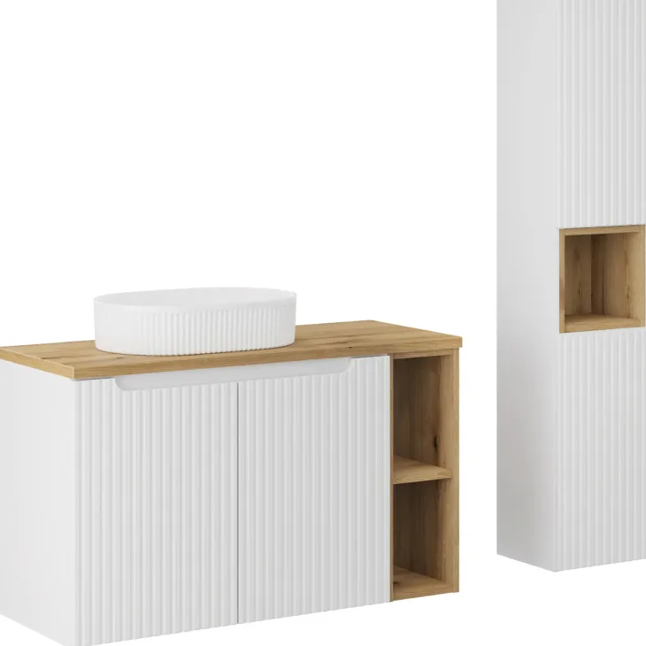 Mobile bagno sospeso cannettato 100cm con lavabo e colonna bianco rovere Cleany