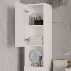 Mobile bagno sospeso cannettato 100cm con lavabo e colonna bianco rovere Cleany