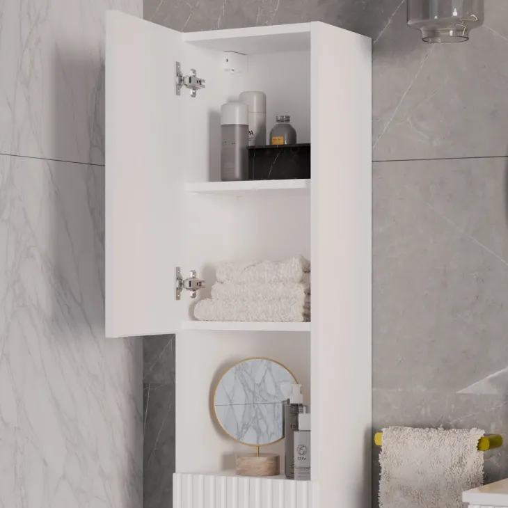 Mobile bagno sospeso cannettato 80cm con lavabo e colonna bianco rovere Cleany
