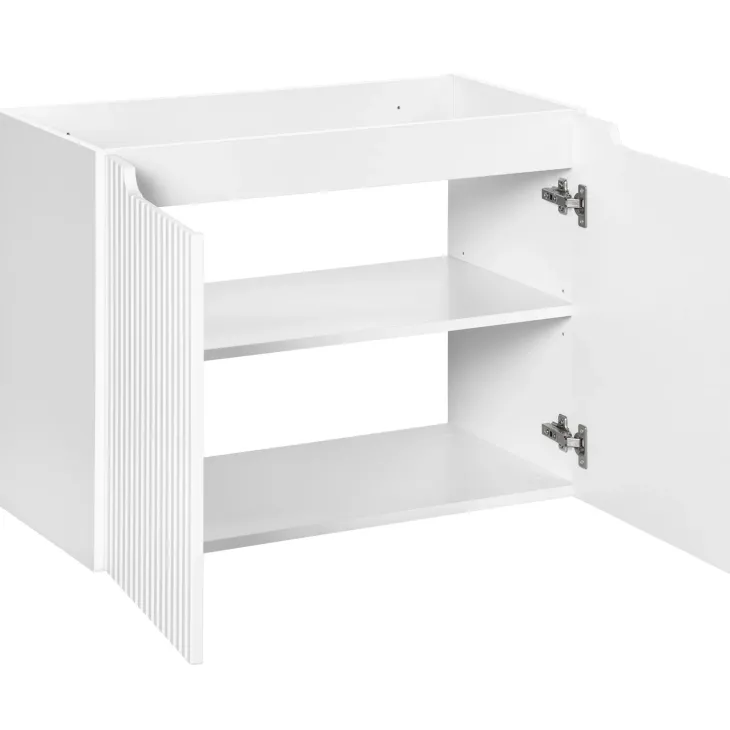 Mobile bagno sospeso cannettato 80cm con lavabo e colonna bianco rovere Cleany