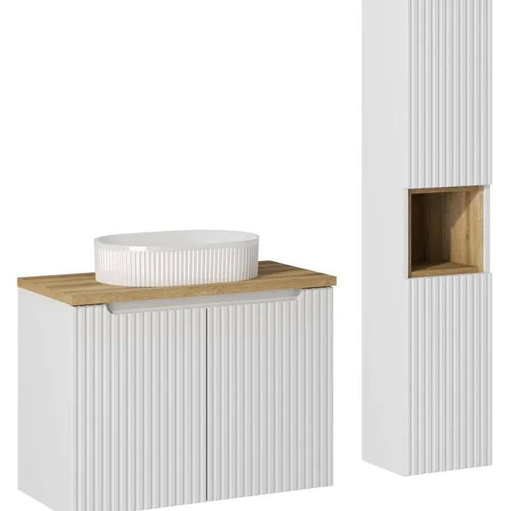 Mobile bagno sospeso cannettato 80cm con lavabo e colonna bianco rovere Cleany
