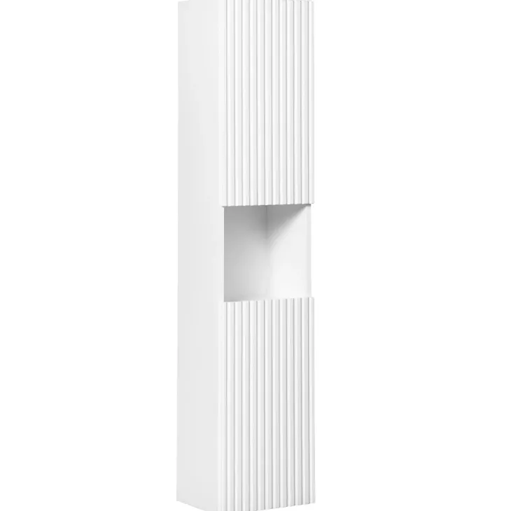 Mobile bagno sospeso cannettato 80cm con lavabo e colonna bianco rovere Cleany
