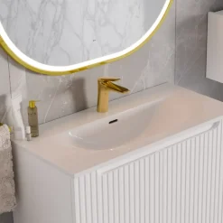 Mobile bagno sospeso cannettato 80cm con lavabo, colonna e 3 pensili bianco rovere Cleany