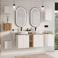 Mobile bagno sospeso cannettato 120cm 4 ante e 2 vani bianco rovere Cleany