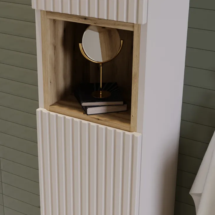 Mobile bagno sospeso cannettato 80cm con lavabo e colonna beige rovere Cleany