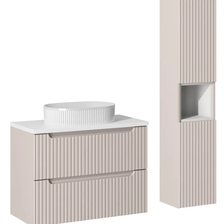 Mobile bagno sospeso cannettato 80cm con lavabo e colonna beige bianco Cleany