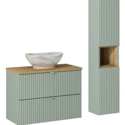 Mobile bagno sospeso cannettato 80cm con lavabo e colonna verde salvia rovere Greeny