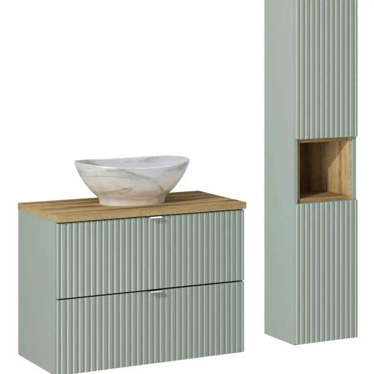 Mobile bagno sospeso cannettato 80cm con lavabo e colonna verde salvia rovere Greeny