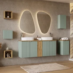 Mobile bagno sospeso cannettato 140cm 5 ante verde salvia rovere Greeny