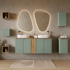 Mobile bagno sospeso cannettato 140cm 5 ante verde salvia rovere Greeny