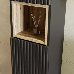 Mobile bagno sospeso cannettato 100cm con lavabo e colonna nero rovere Cleany