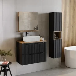 Mobile bagno sospeso cannettato 80cm con lavabo e colonna nero rovere Cleany