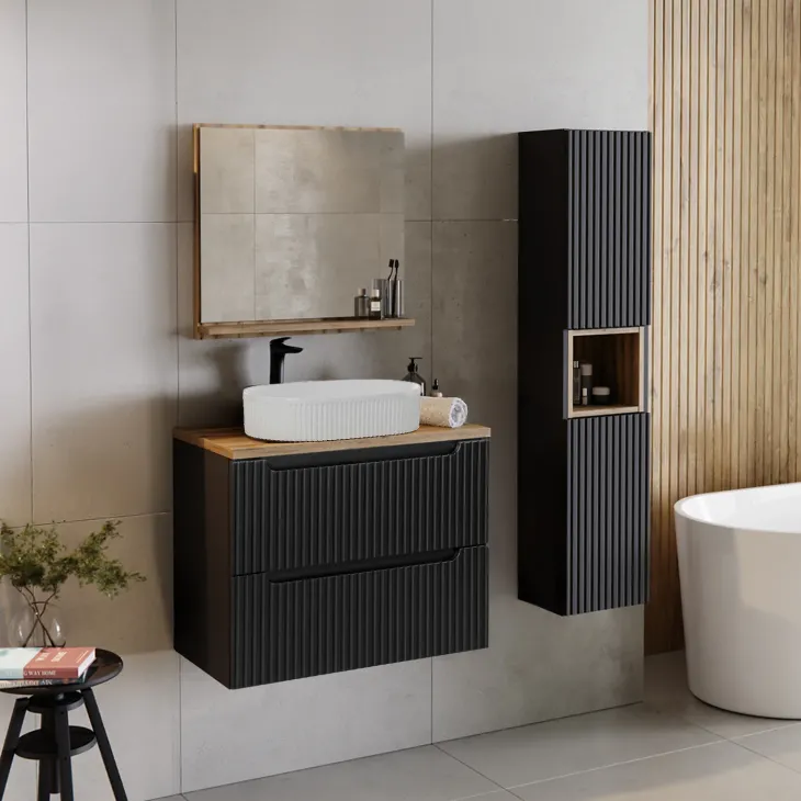 Mobile bagno sospeso cannettato 80cm con lavabo e colonna nero rovere Cleany