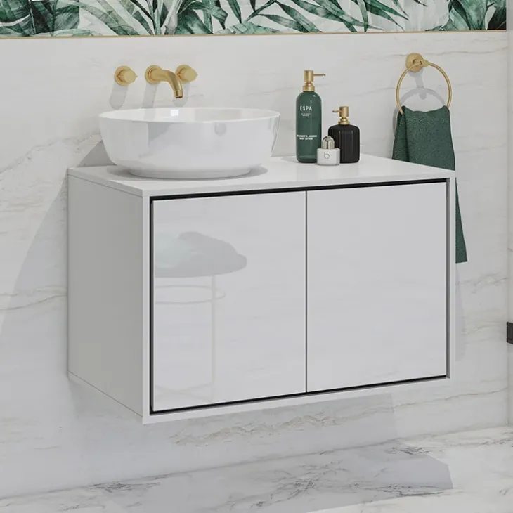 Mobile bagno sospeso 78cm 2 ante bianco lucido nero Linda