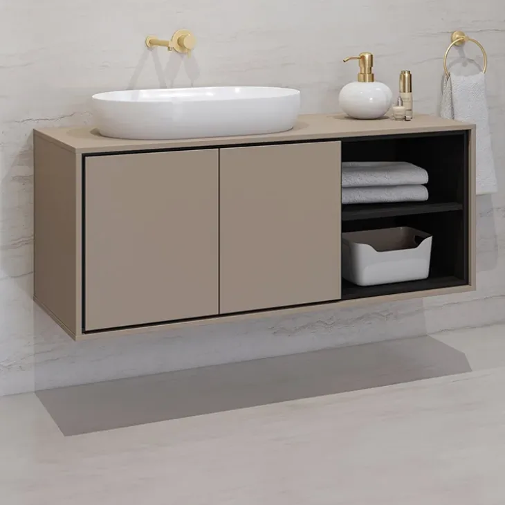 Mobile bagno sospeso 120cm 2 ante e 2 vani a giorno tortora nero Linda