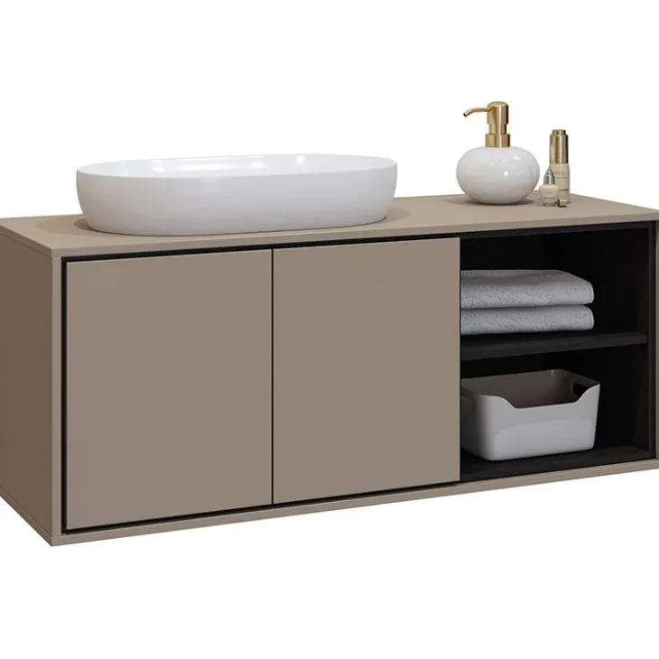 Mobile bagno sospeso 120cm 2 ante e 2 vani a giorno tortora nero Linda
