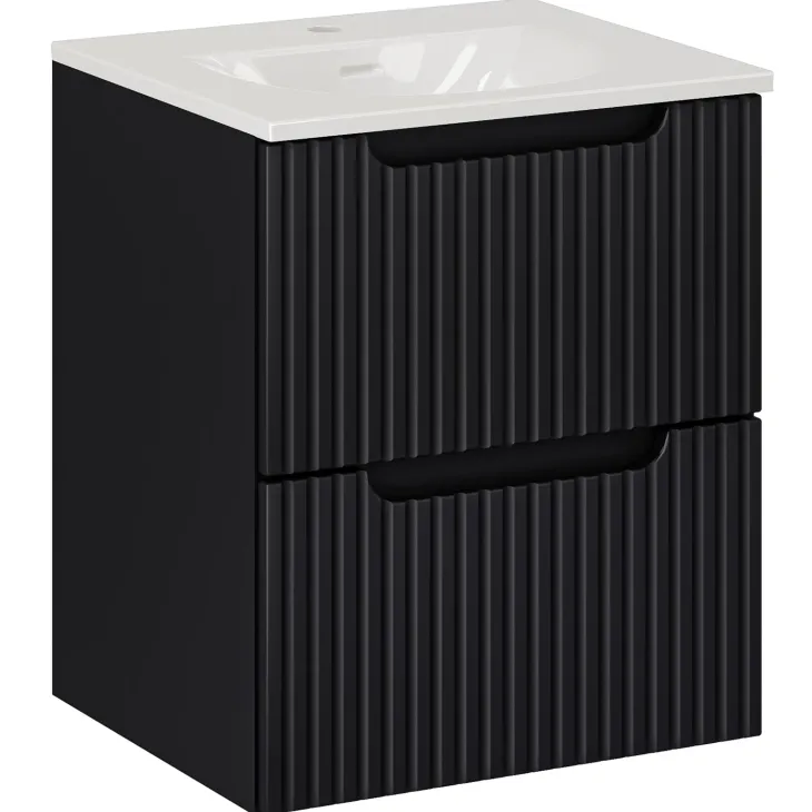 Mobile bagno sospeso 50cm cannettato con lavabo 2 cassetti nero Cleany