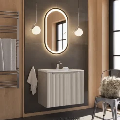 Mobile bagno sospeso 80cm cannettato con lavabo 2 ante beige Cleany