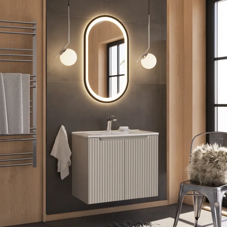 Mobile bagno sospeso 80cm cannettato con lavabo 2 ante beige Cleany