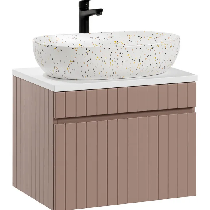 Mobile bagno sospeso 60cm cannettato con lavabo, colonna e specchio rosa Autentic