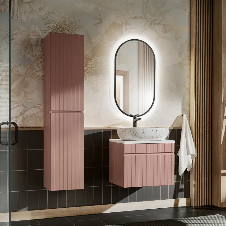Mobile bagno sospeso 60cm cannettato con lavabo, colonna e specchio rosa Autentic