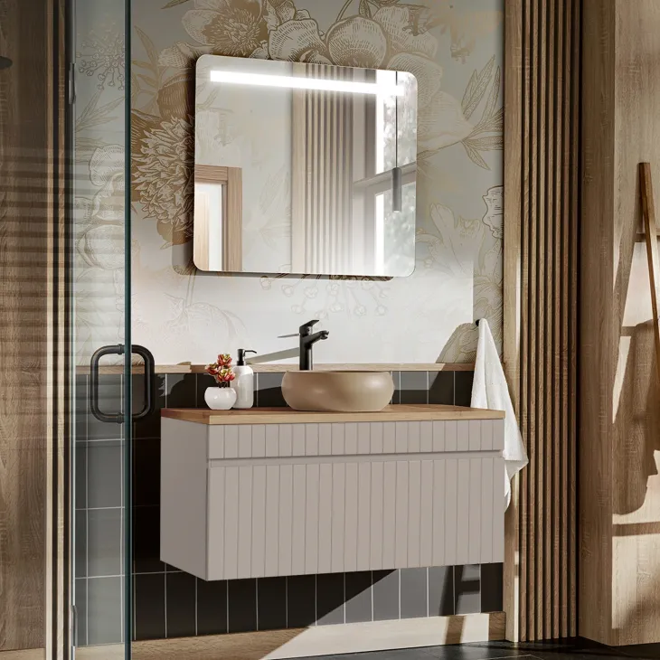 Mobile bagno sospeso 100cm cannettato 1 cassettone beige Autentic