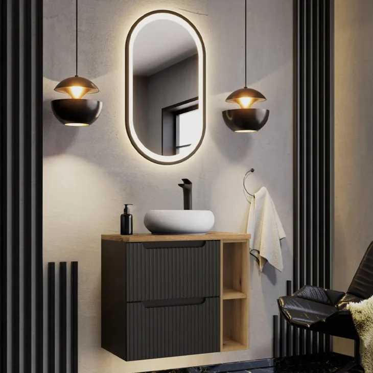 Mobile bagno sospeso 80cm cannettato 2 cassetti e vani nero rovere Cleany