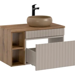 Mobile bagno sospeso 100cm cannettato con lavabo, colonna e specchio beige Autentic