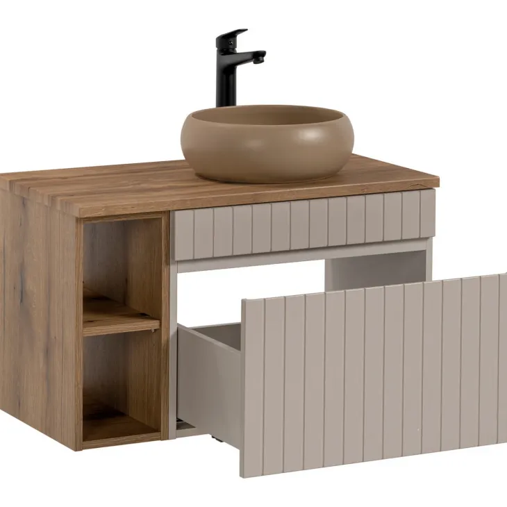 Mobile bagno sospeso 100cm cannettato con lavabo, colonna e specchio beige Autentic