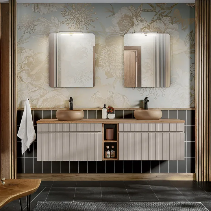 Mobile bagno sospeso 180cm cannettato 2 cassettoni beige Autentic