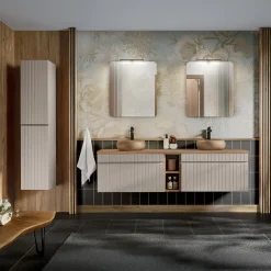 Mobile bagno sospeso 180cm cannettato con 2 lavabi, colonna e 2 specchi beige Autentic