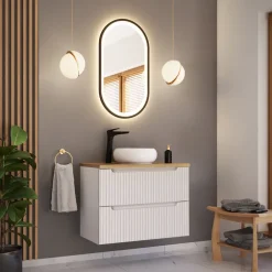 Mobile bagno sospeso 80cm cannettato 2 cassetti bianco rovere Cleany