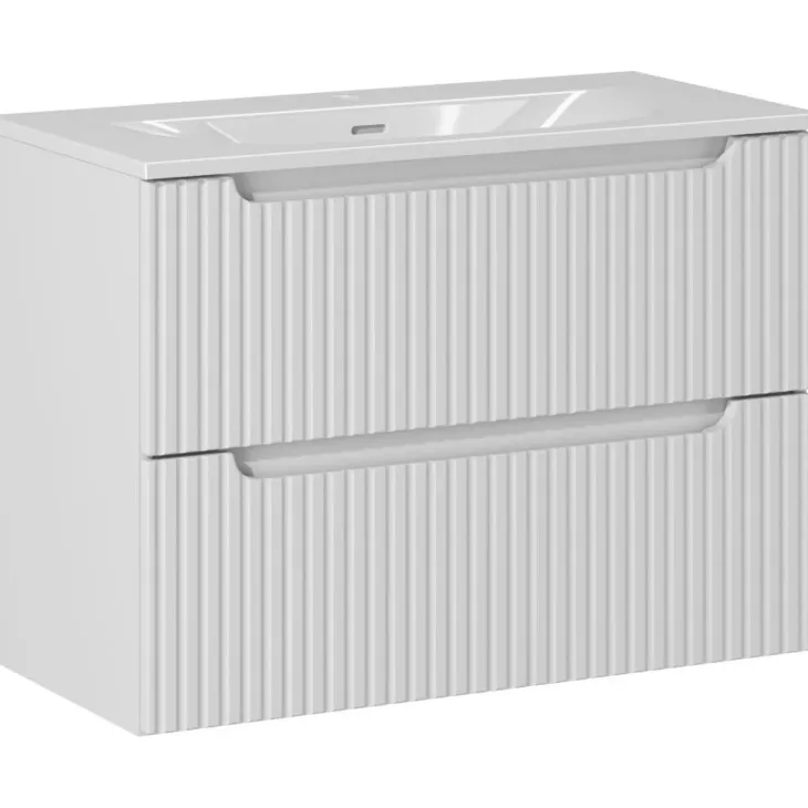 Mobile bagno sospeso 80cm cannettato con lavabo 2 cassetti bianco Cleany