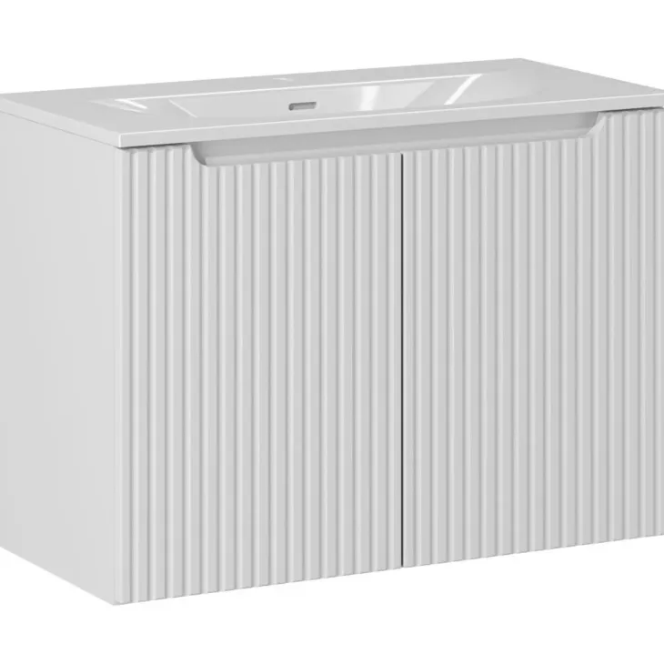 Mobile bagno sospeso 80cm cannettato con lavabo 2 ante bianco Cleany