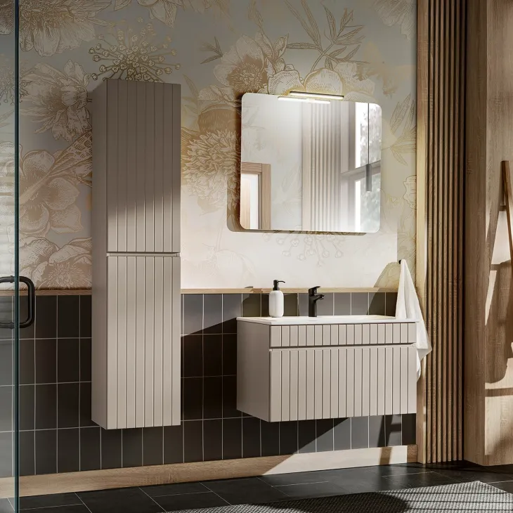 Mobile bagno sospeso 80cm cannettato con lavabo 1 cassettone beige Autentic