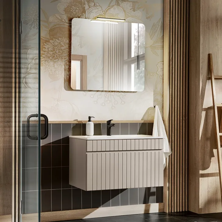 Mobile bagno sospeso 80cm cannettato con lavabo 1 cassettone beige Autentic