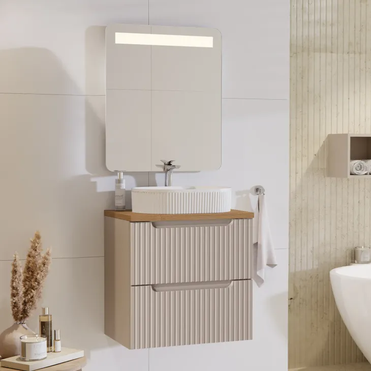 Mobile bagno sospeso 60cm cannettato 2 cassetti beige rovere Cleany