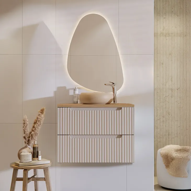 Mobile bagno sospeso 80cm cannettato 2 cassetti beige rovere Cleany